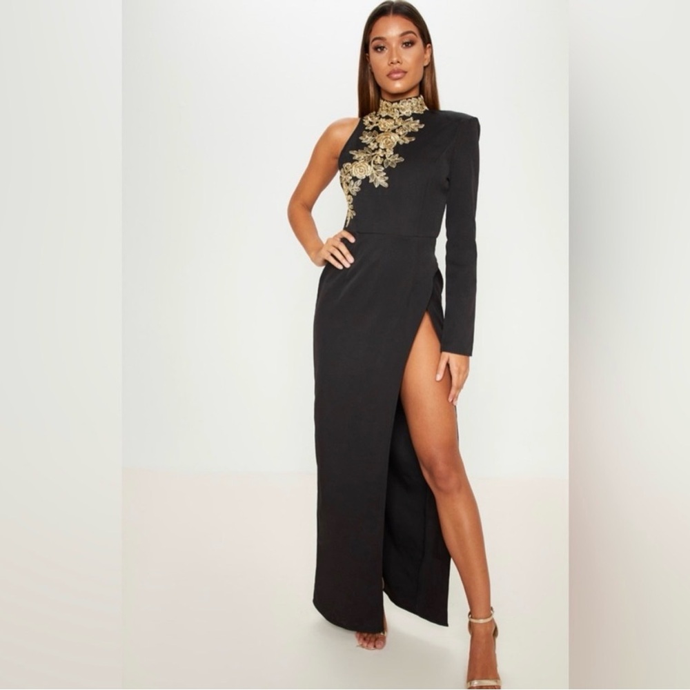 PrettyLittleThing Black and Gold One-Shoulder Dress